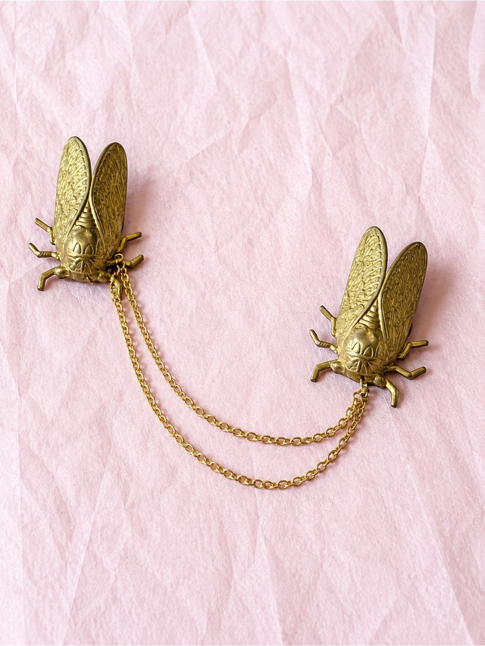 Vintage Gold Cicada Double Brooch Chain Pin - Women Jewelry